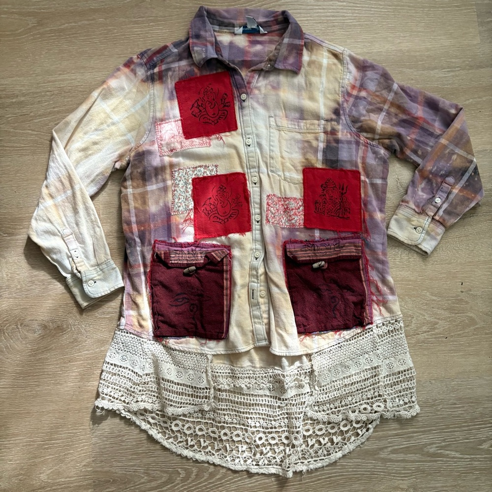 Grateful Dead Upcycled Bleach Distressed Flannel with Crochet Hem - Picture 12 of 15